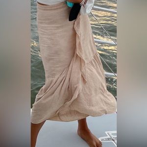 Madewell Linen Ruffle-Wrap Midi Skirt-Sand color